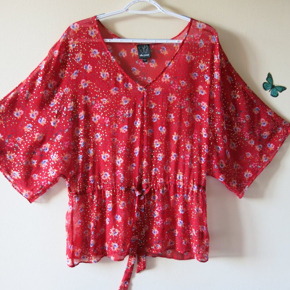 Ella Moss Red Voile Silk Bohemian Kimono Style Floral Blouse Size S